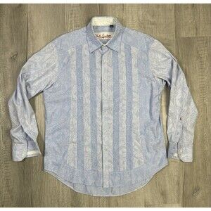 Robert Graham Mens Large Button Shirt Embroidered Flip Cuffs Blue Floral V